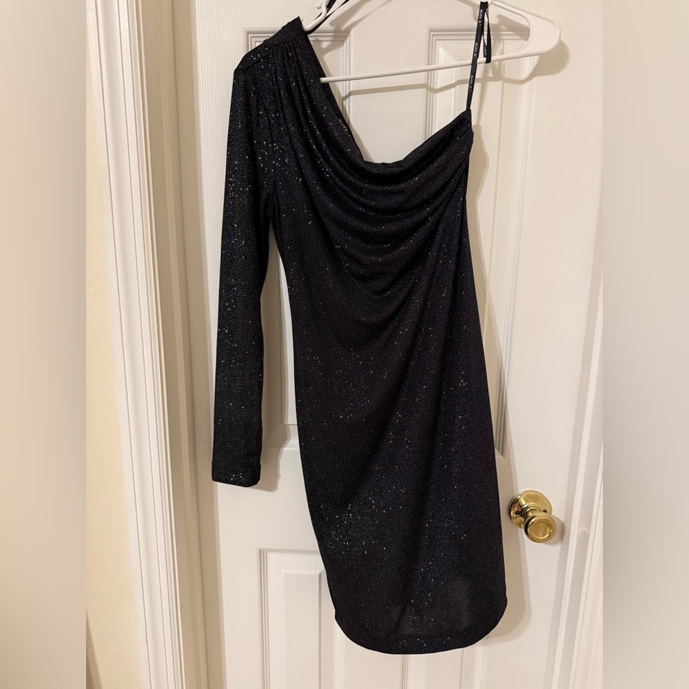 Allen B. By Allen Schwartz Glittering Black One-Shoulder Dress